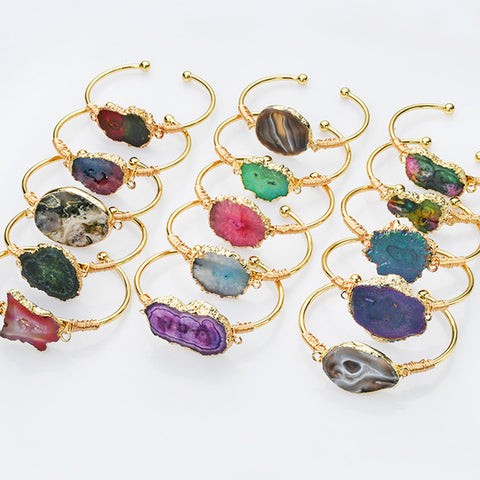 Gold Multi Gemstone Bracelet, Solar Quartz, Agate Druzy Slice Bangle Cuff, Handmade Boho Jewlery WX2237