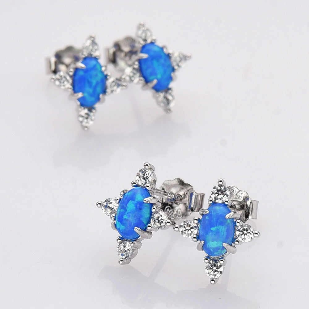 925 Sterling Silver Oval Blue Opal Stud Earrings, CZ Pave, Fashion Gemstone Earrings Jewelry SS290-2