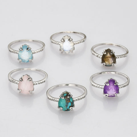 S925 Sterling Silver Claw Teardrop Faceted Gemstone Ring, CZ Micro Pave Birthstone Jewelry SS257RS