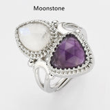 Unique Triangle Amethyst & Teardrop Gemstone Ring, Silver Plated, Faceted Stone Ring, Adjustable, Crystal Jewelry WX2234