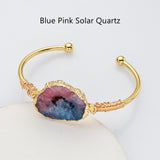 Gold Multi Gemstone Bracelet, Solar Quartz, Agate Druzy Slice Bangle Cuff, Handmade Boho Jewlery WX2237