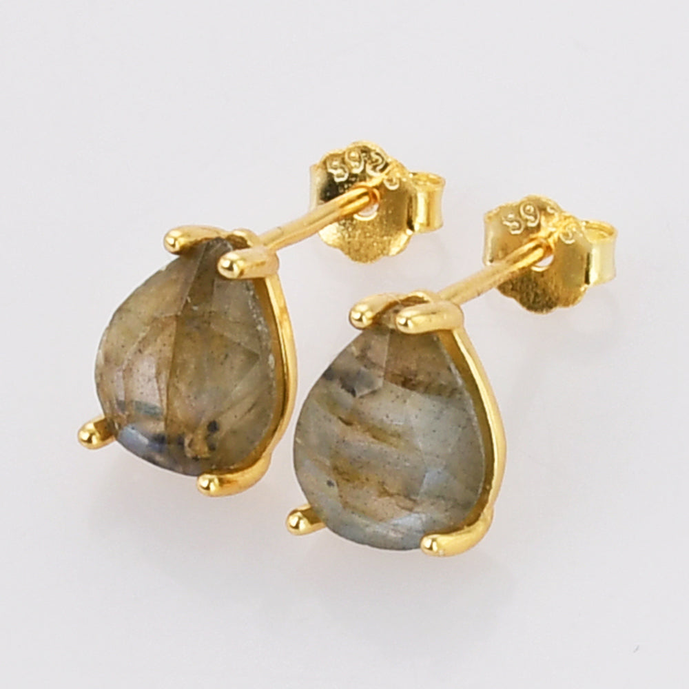 Gold Claw Teardrop Labradorite Stud Earrings, Faceted Gemstone Crystal Post Earring, Birthstone Jewelry SS247-1