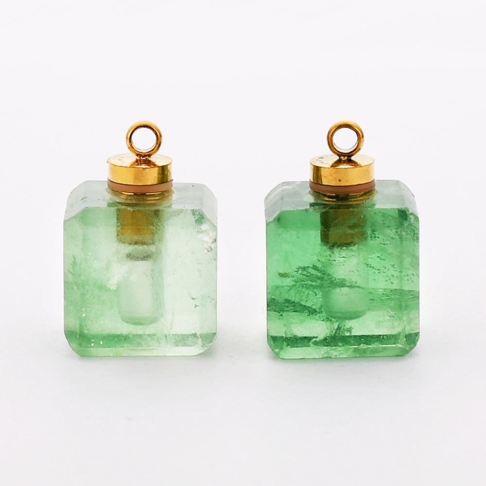 Gold Plated Square Green Fluorite Aquamarine Crystal Gemstone Perfume Bottle Charm Pendant G2080