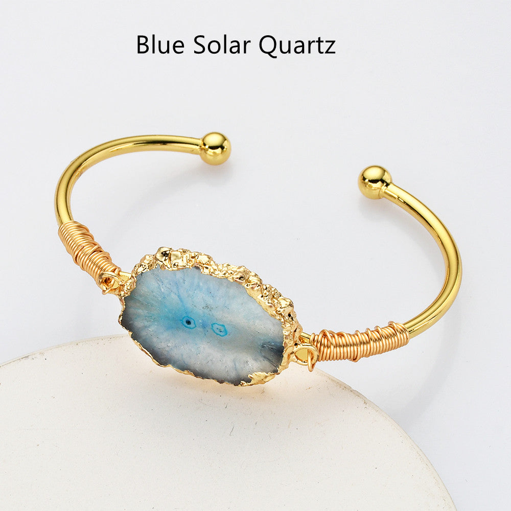 Gold Multi Gemstone Bracelet, Solar Quartz, Agate Druzy Slice Bangle Cuff, Handmade Boho Jewlery WX2237