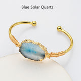 Gold Multi Gemstone Bracelet, Solar Quartz, Agate Druzy Slice Bangle Cuff, Handmade Boho Jewlery WX2237