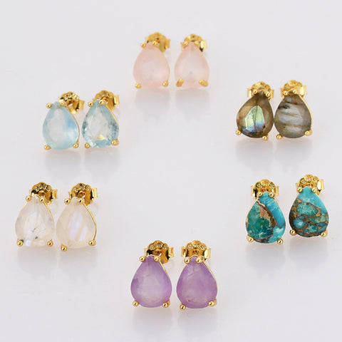 Tiny Gold Claw Teardrop Aquamarine Stud Earrings, Faceted Gemstone Crystal Post Earring, Birthstone Jewelry SS328-G