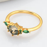 Gold Plated 925 Sterling Silver Green CZ Hexagon Moss Agate Ring SS275