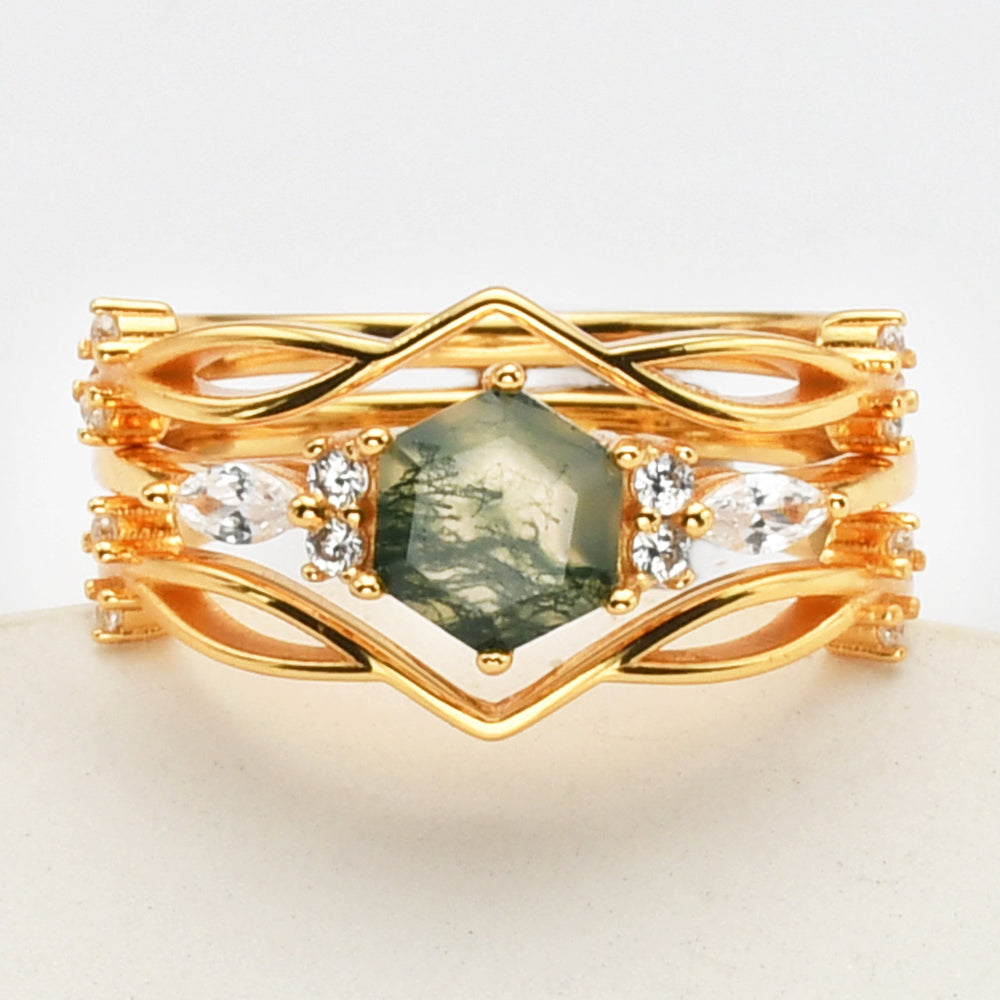 Gold White CZ Hexagon Natural Moss Agate Faceted Three-Piece Ring Set, Sterling Silver Ring Jewelry SS276-2