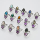 Unique Triangle Amethyst & Teardrop Gemstone Ring, Silver Plated, Faceted Stone Ring, Adjustable, Crystal Jewelry WX2234