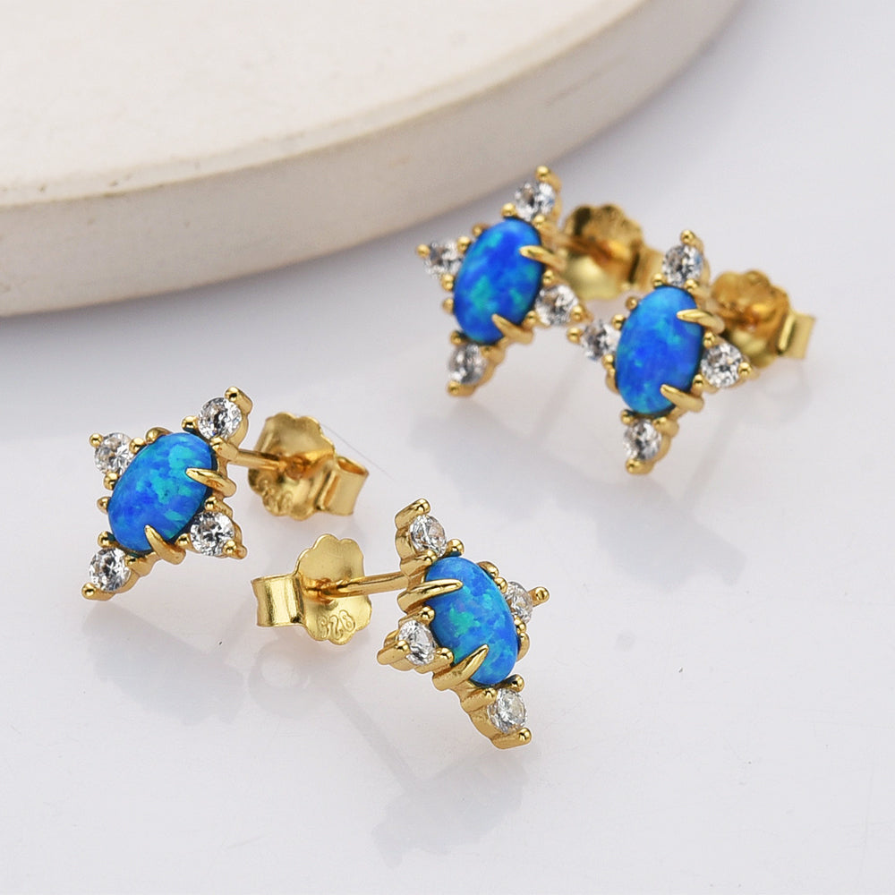 Gold Plated Sterling Silver Oval Blue Opal Stud Earrings, CZ Pave, Gemstone Earrings Jewelry SS289-2