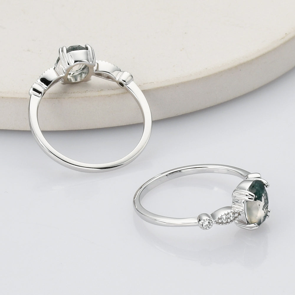 925 Sterling Silver Oval Natural Moss Agate Ring, Faceted Gemstone Jewelry SS271-2