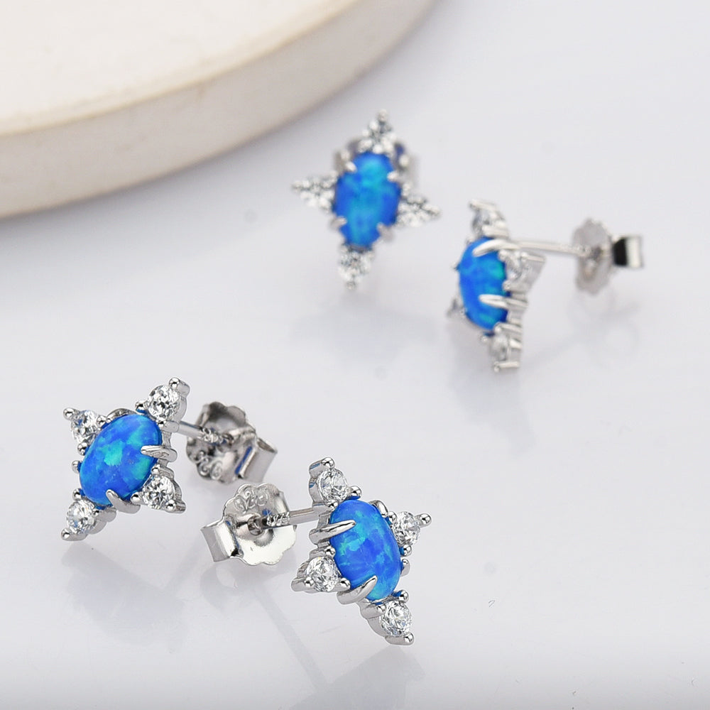 925 Sterling Silver Oval Blue Opal Stud Earrings, CZ Pave, Fashion Gemstone Earrings Jewelry SS290-2