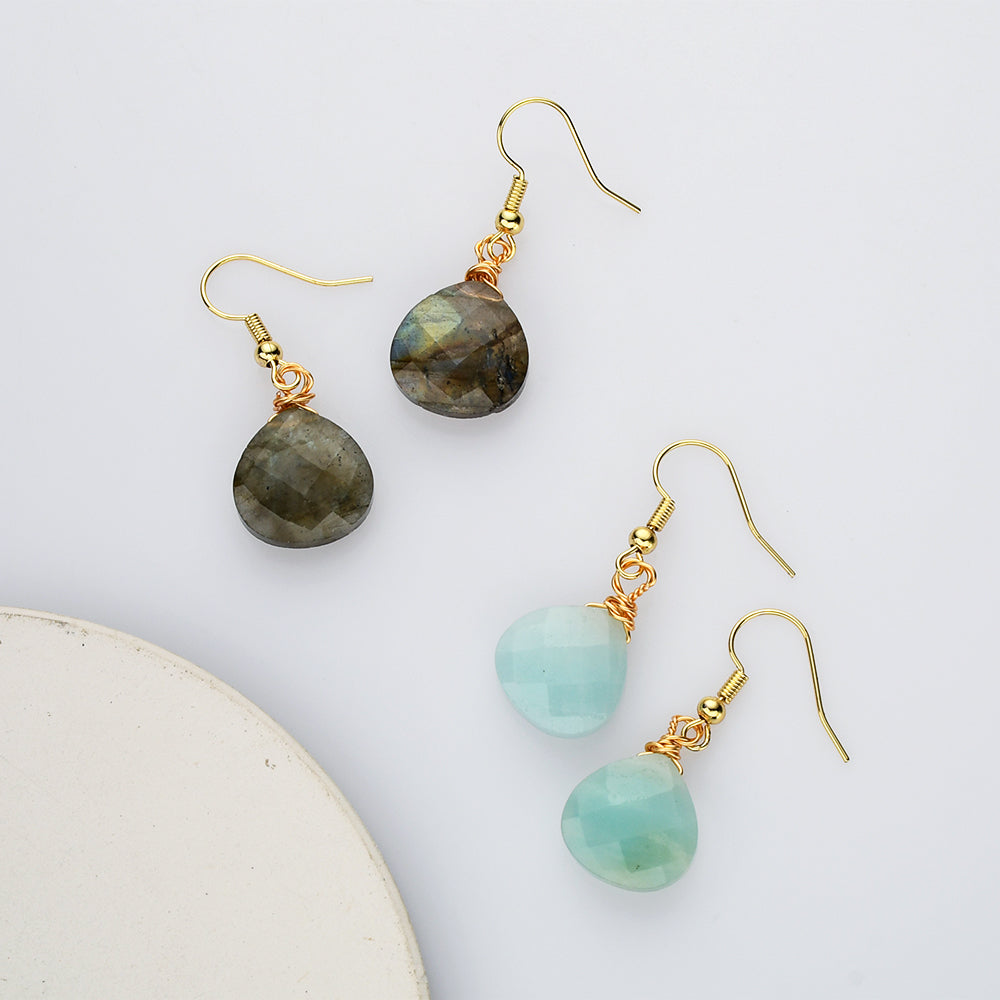 Teardrop Gold Multi Gemstone Earrings, Faceted Healing Crystal Stone Earring, Simple Fashion Jewelry WX2236