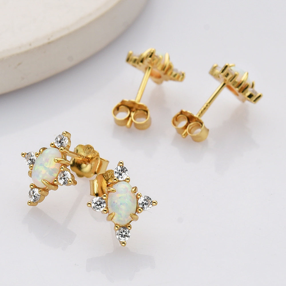 Gold Plated White Opal Stud Earrings, 925 Sterling Silver, CZ Pave, Gemstone Earrings Jewelry SS289-3