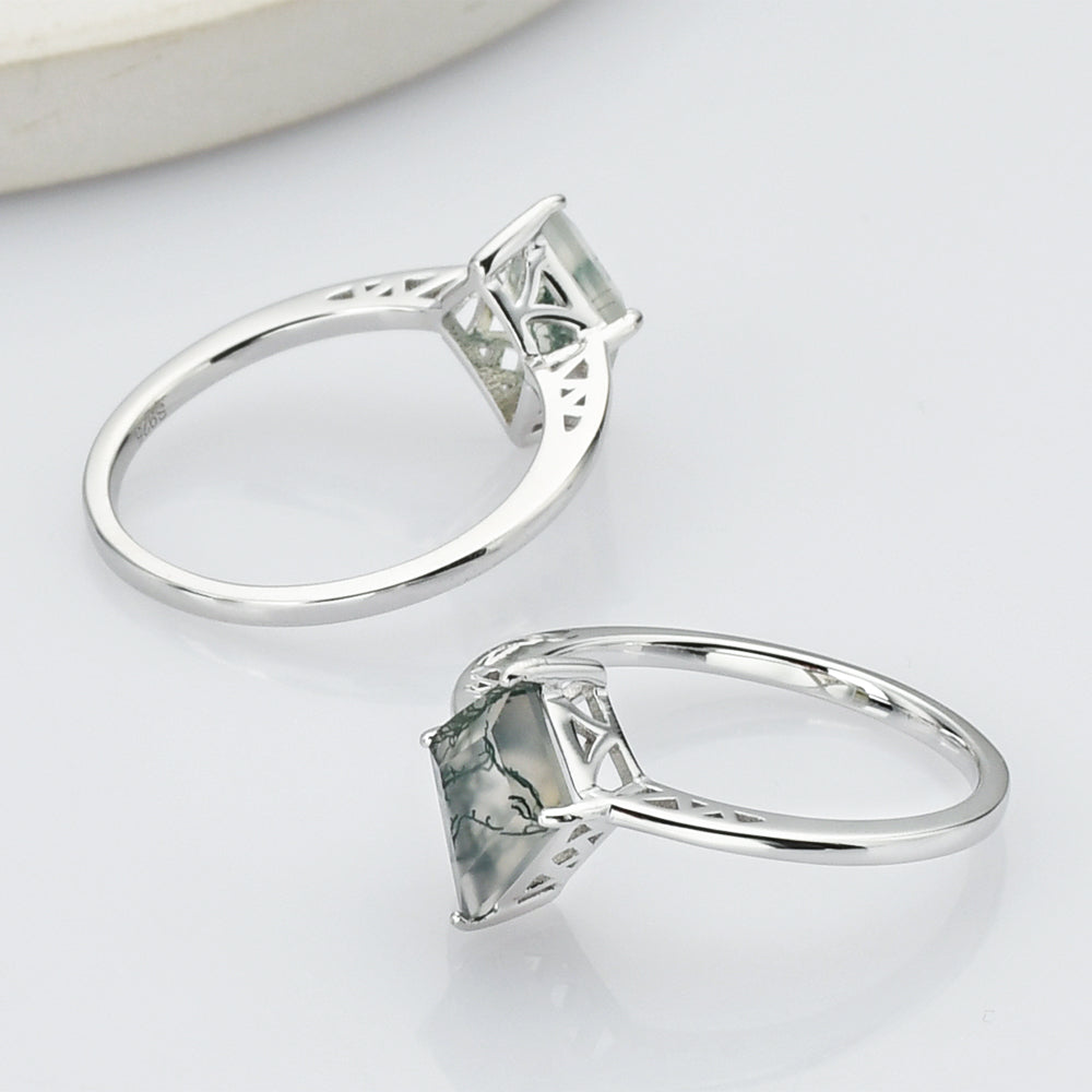 925 Sterling Silver Diamond Natural Moss Agate Ring, Gemstone Jewelry SS270-2