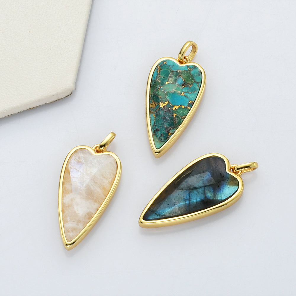Long Heart Gold Faceted Gemstone Pendants, Moonstone Labradorite Copper Turquoise Pendant Jewelry Making ZG0507