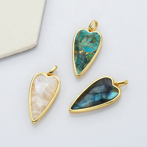 Long Heart Gold Faceted Gemstone Pendants, Moonstone Labradorite Copper Turquoise Pendant Jewelry Making ZG0507