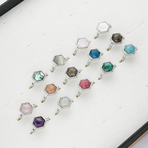 Hexagon Silver Gemstone Ring, Adjustable Size, Birthstone Ring, Natural Crystal Jewelry WX2233