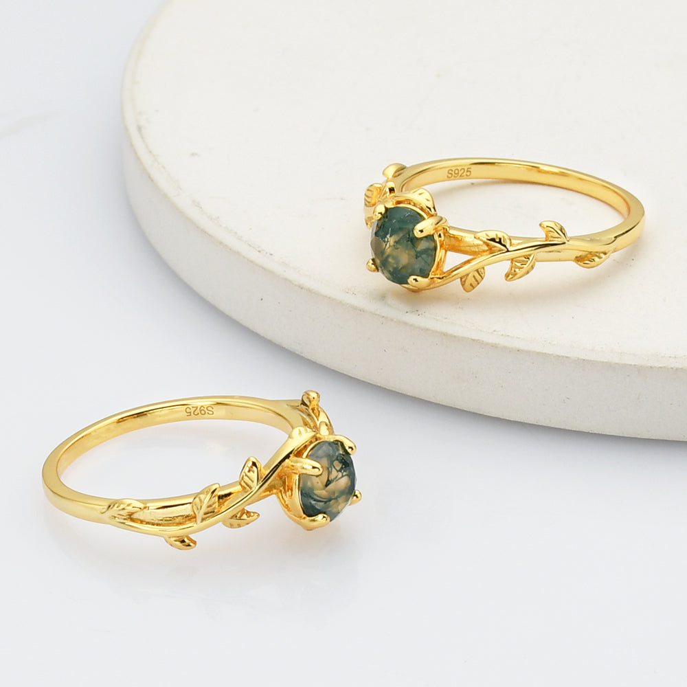 Gold Sterling Silver Round Natural Moss Agate Statement Ring, Gold Leaf Ring SS268-1