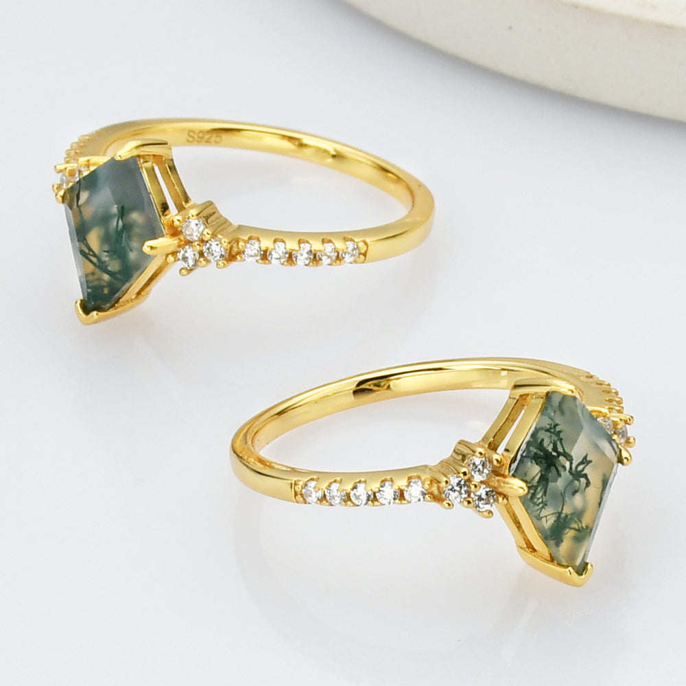 Gold Sterling Silver Diamond Natural Moss Agate Statement Ring, CZ Micro Pave Ring SS269-1