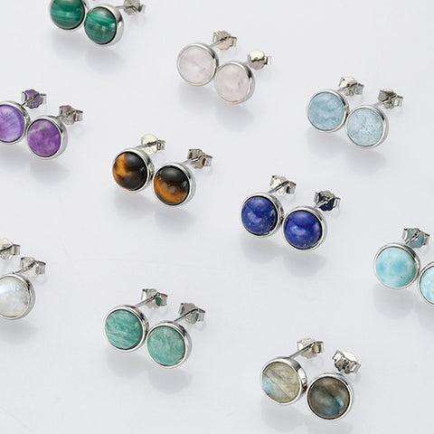 S925 Sterling Silver Bezel Round Polished Gemstone Stud Earrings, Birthstone Jewelry SS262