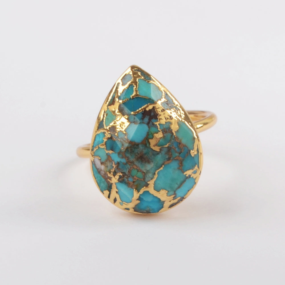 Teardrop Gold Plated Natural Copper Turquoise Ring, Adjustable Open Ring, Gemstone Jewelry G1836