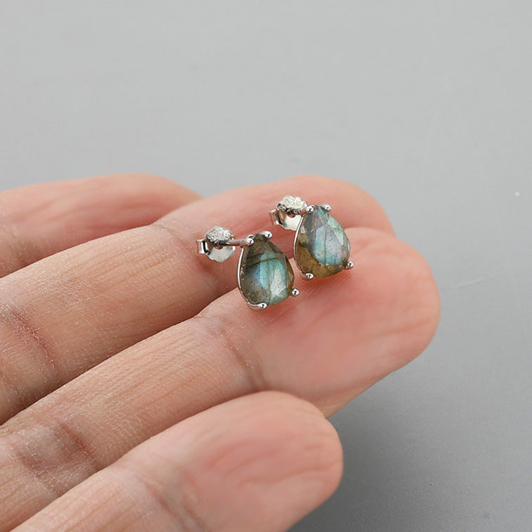 S925 Sterling Silver Claw Teardrop Labradorite Stud Earrings, Faceted Gemstone Crystal Post Earring, Birthstone Jewelry SS247-2