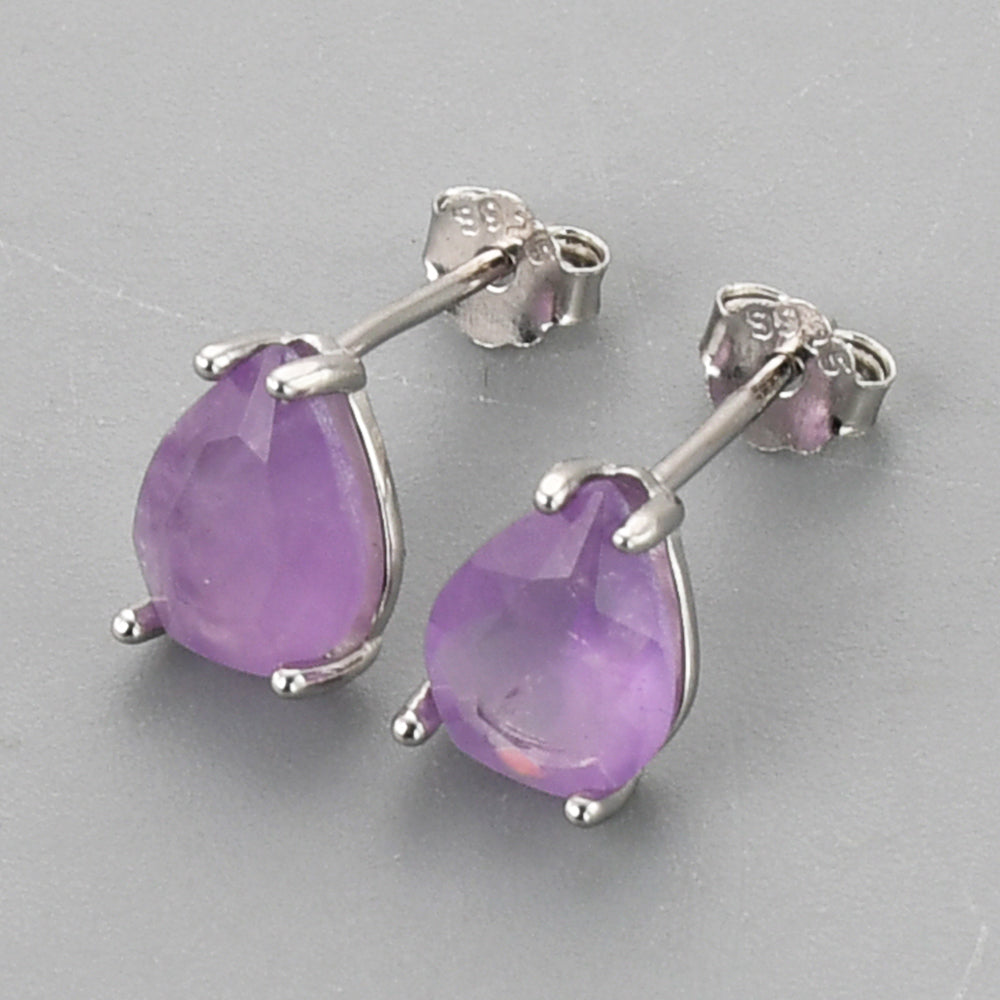 S925 Sterling Silver Claw Teardrop Amethyst Stud Earrings, Faceted Gemstone Crystal Post Earring, Birthstone Jewelry SS247-2