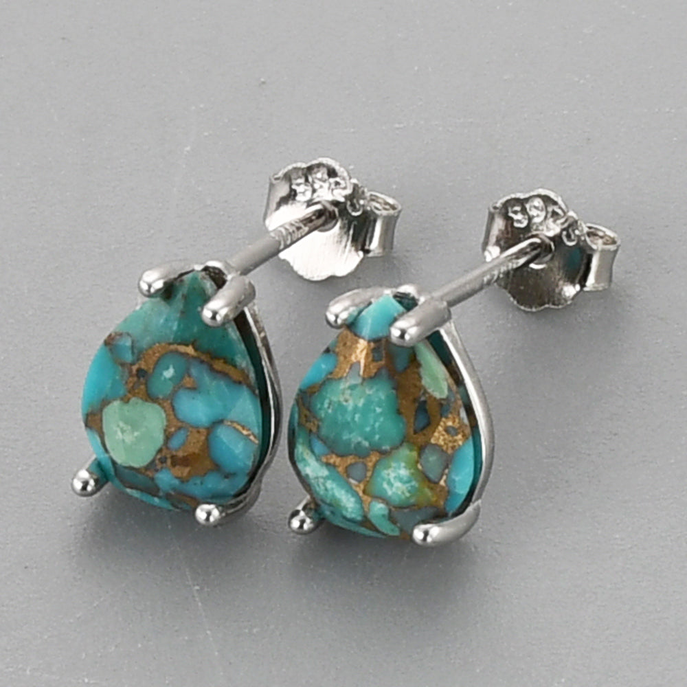 S925 Sterling Silver Claw Teardrop Copper Turquoise Stud Earrings, Faceted Gemstone Crystal Post Earring, Birthstone Jewelry SS247-2