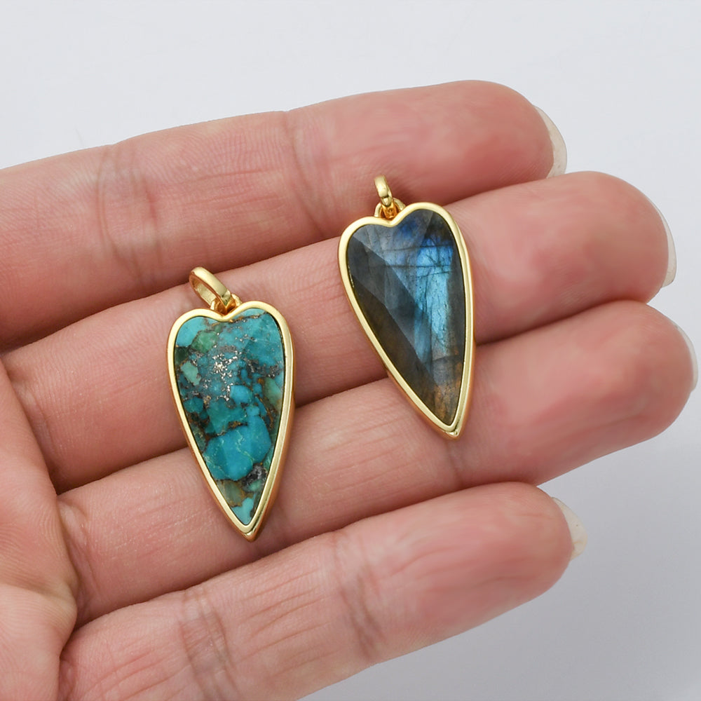 Long Heart Gold Faceted Gemstone Pendants, Moonstone Labradorite Copper Turquoise Pendant Jewelry Making ZG0507