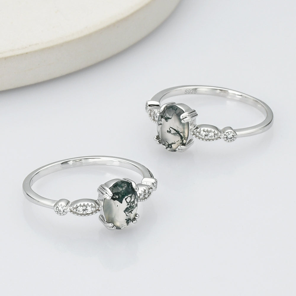 925 Sterling Silver Oval Natural Moss Agate Ring, Faceted Gemstone Jewelry SS271-2