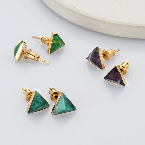 Gold Triangle Gemstone Faceted Stud Earrings, Healing Crystal Earring, Boho Jewelry G1300