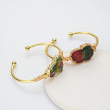 Gold Multi Gemstone Bracelet, Solar Quartz, Agate Druzy Slice Bangle Cuff, Handmade Boho Jewlery WX2237