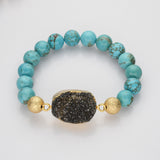 Gold Blue/Black Titanium Druzy & 10mm Blue Howlite Turquoise Beads Stretch Bracelet, Handmade Boho Jewelry AL678