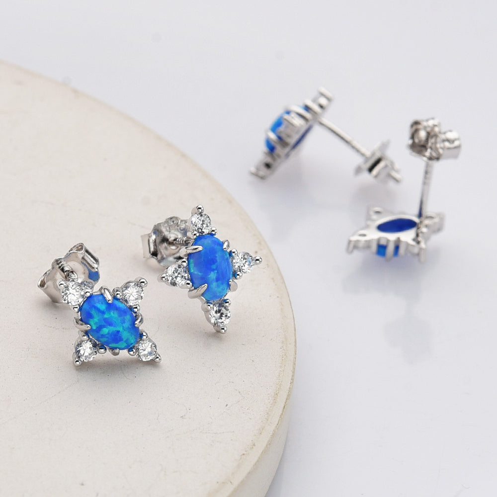 925 Sterling Silver Oval Blue Opal Stud Earrings, CZ Pave, Fashion Gemstone Earrings Jewelry SS290-2
