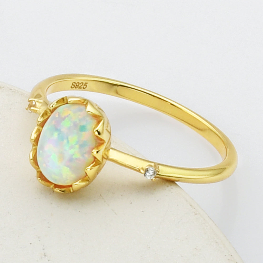 Gold Oval White Opal Ring, 925 Sterling Silver Ring, CZ Pave Jewelry Ring SS272-2