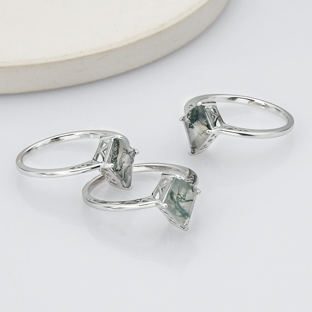925 Sterling Silver Diamond Natural Moss Agate Ring, Gemstone Jewelry SS270-2