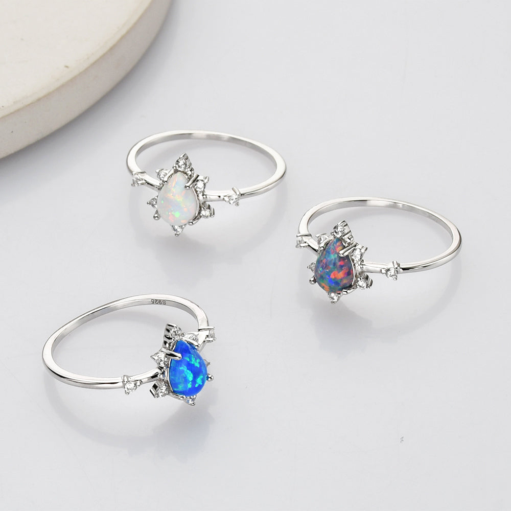 silver CZ white opal ring, S925 Sterling Silver Opal Rings, CZ Micro Pave, Teardrop Fire Opal Jewelry SS266