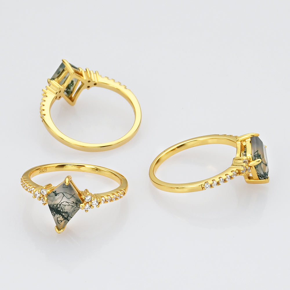 Gold Sterling Silver Diamond Natural Moss Agate Statement Ring, CZ Micro Pave Ring SS269-1