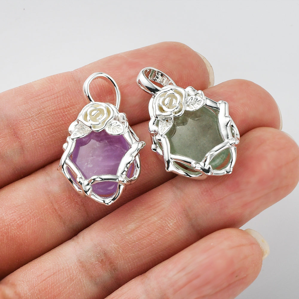 Unique Silver Plated Rose Flower Oval Gemtone Pendant, Polished Egg Stone Pendant, Healing Crystal Jewelry WX2228