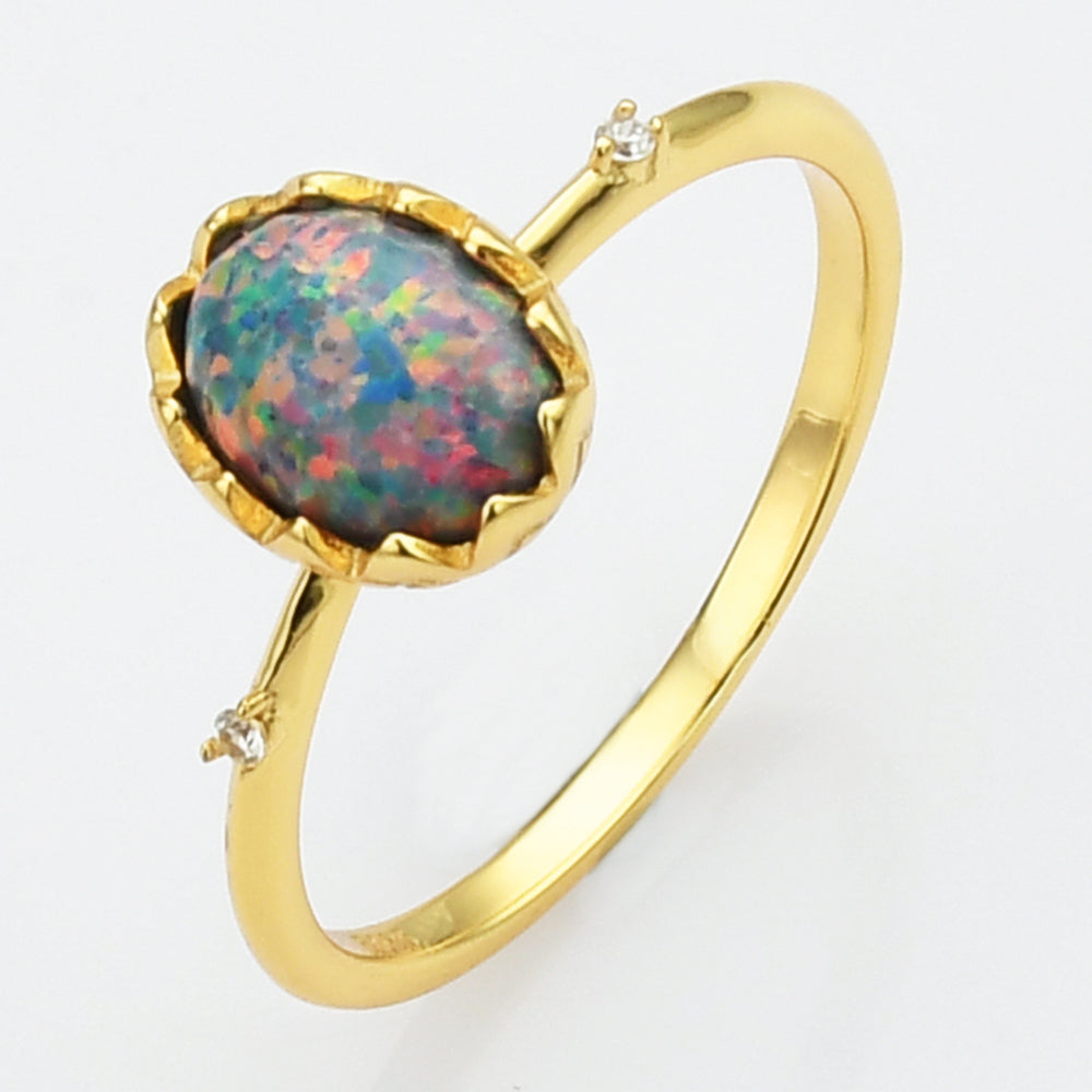 Gold Oval Black Opal Ring, Sterling Silver Ring, CZ Pave, Fashion Jewelry SS273-2