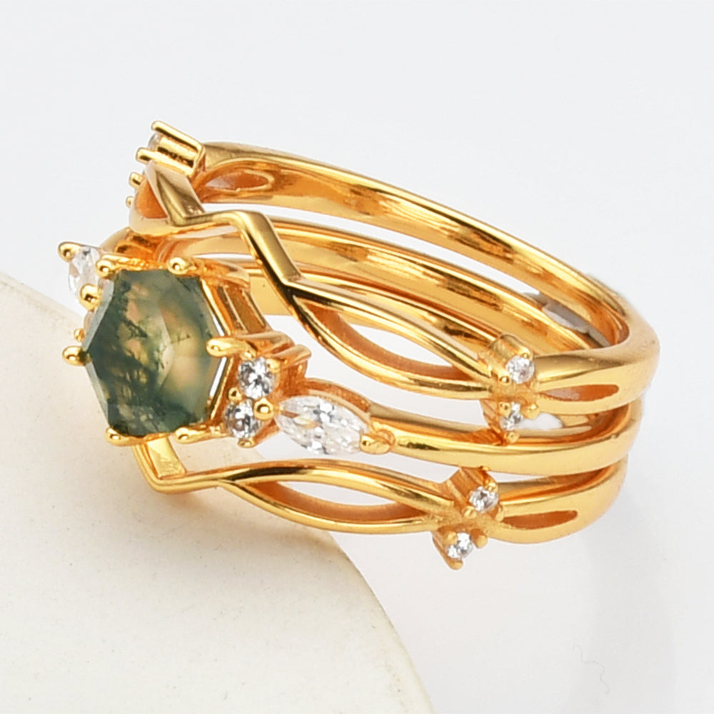 Gold White CZ Hexagon Natural Moss Agate Faceted Three-Piece Ring Set, Sterling Silver Ring Jewelry SS276-2