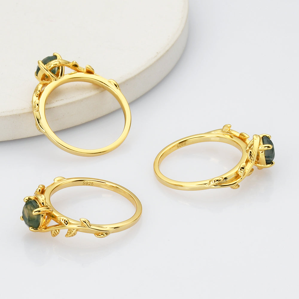 Gold Sterling Silver Round Natural Moss Agate Statement Ring, Gold Leaf Ring SS268-1