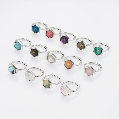 Hexagon Silver Gemstone Ring, Adjustable Size, Birthstone Ring, Natural Crystal Jewelry WX2233