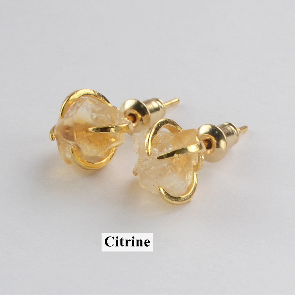 Tiny Gold Claw Raw Gemstone Stud Earrings, Prong Set Crystsal Earring, Healing Stone Jewelry ZG0446