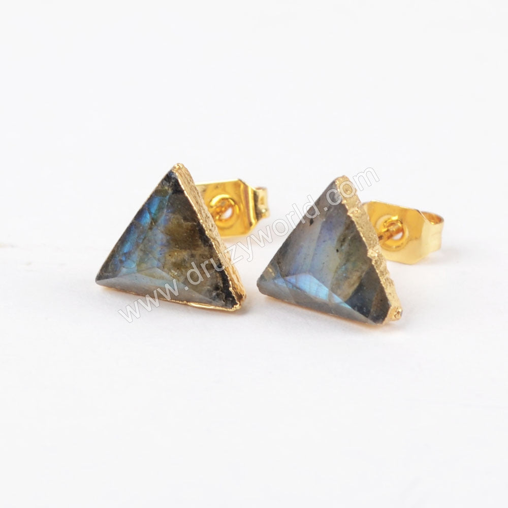 Gold Triangle Gemstone Faceted Stud Earrings, Healing Crystal Earring, Boho Jewelry G1300