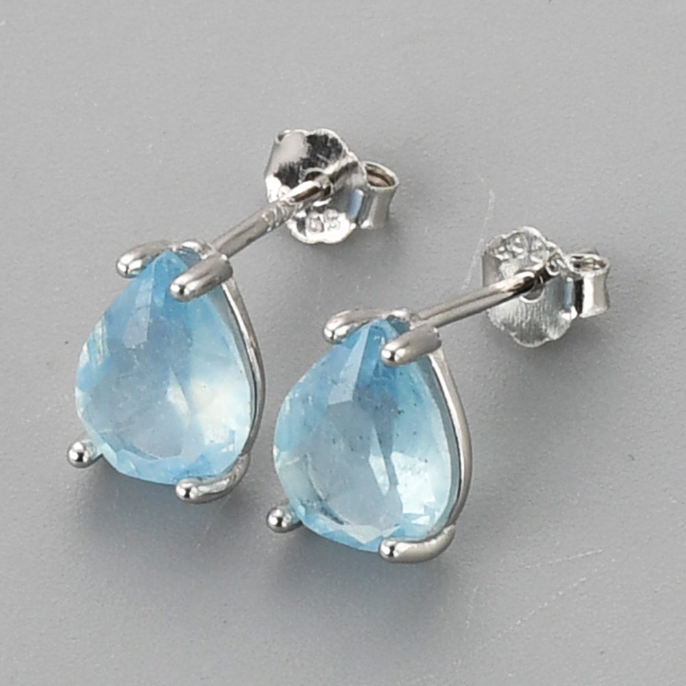 S925 Sterling Silver Claw Teardrop Aquamarine Stud Earrings, Faceted Gemstone Crystal Post Earring, Birthstone Jewelry SS247-2