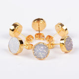 Round 8mm Titanium AB White Druzy Geode Stud Earrings Gold Plated G0680