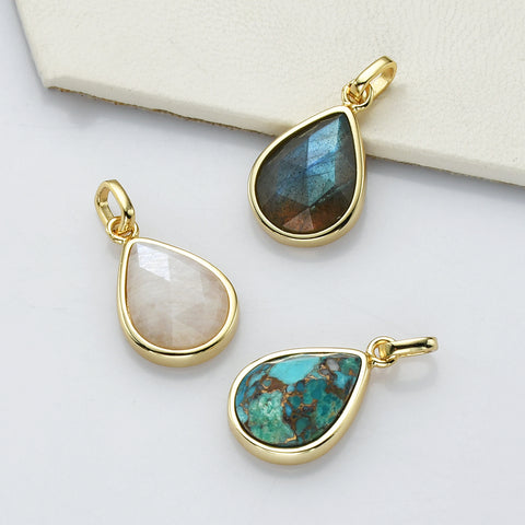 Gold Plated Teardrop Gemstone Pendant, Faceted Pear Crystal Stone Charm, Making Jewelry Craft ZG0508