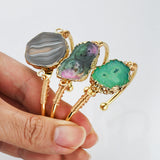 Gold Multi Gemstone Bracelet, Solar Quartz, Agate Druzy Slice Bangle Cuff, Handmade Boho Jewlery WX2237